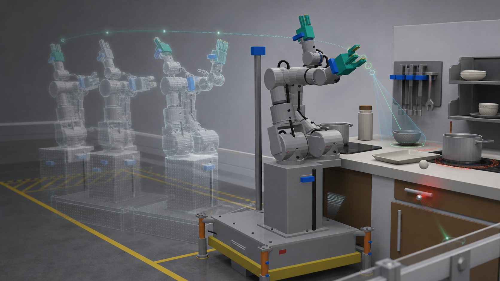 KWR-1 design search visualization with ghosted body candidates in a kitchen challenge cell